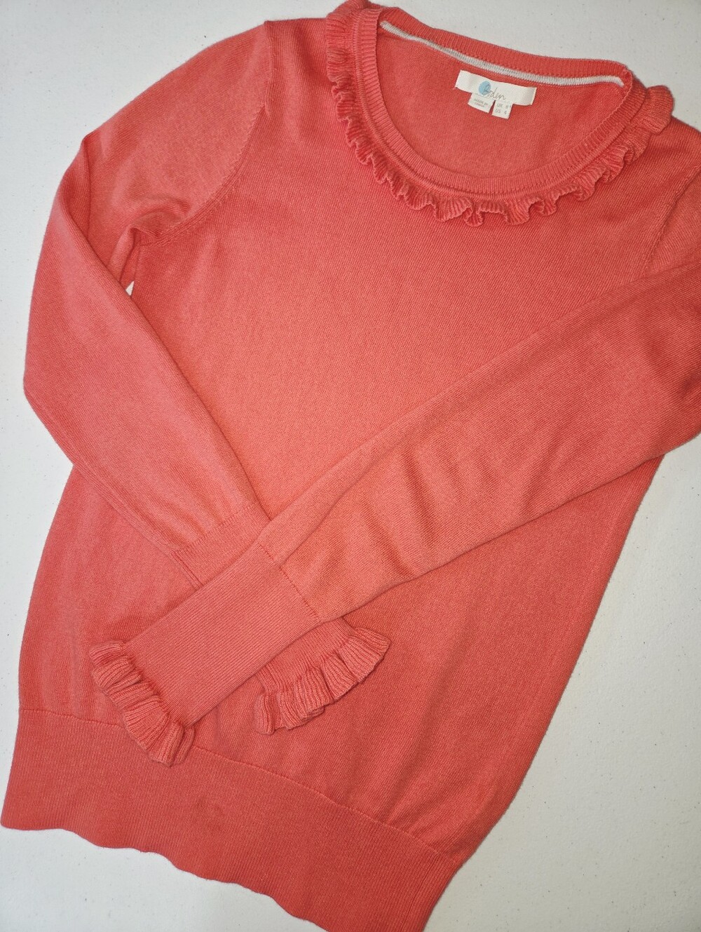 Boden coral ruffle-trim crewneck sweater sz 4